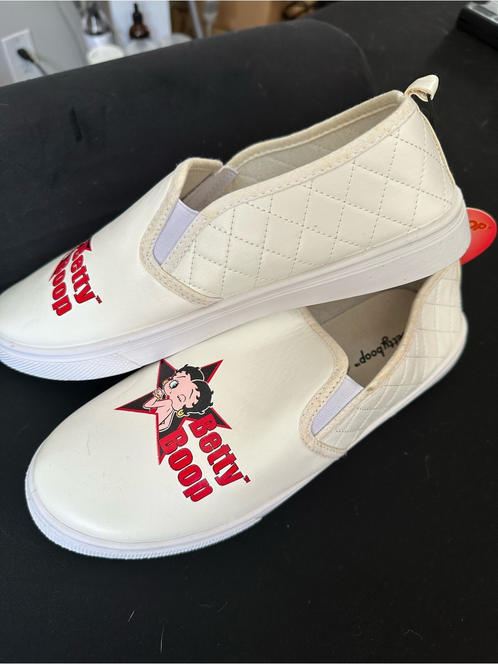 Betty Boop Cream Slip-On Sneakers with Red Logo